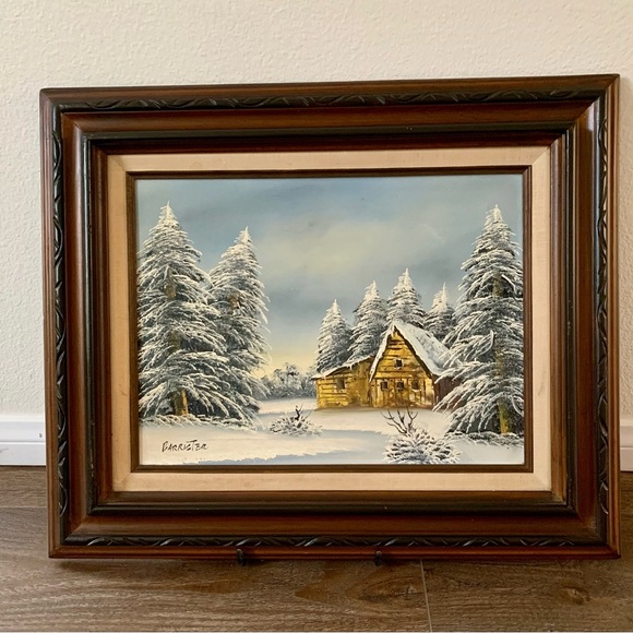 vintage framed oil on canvas winter landscape Signed Barrister 19/23”
